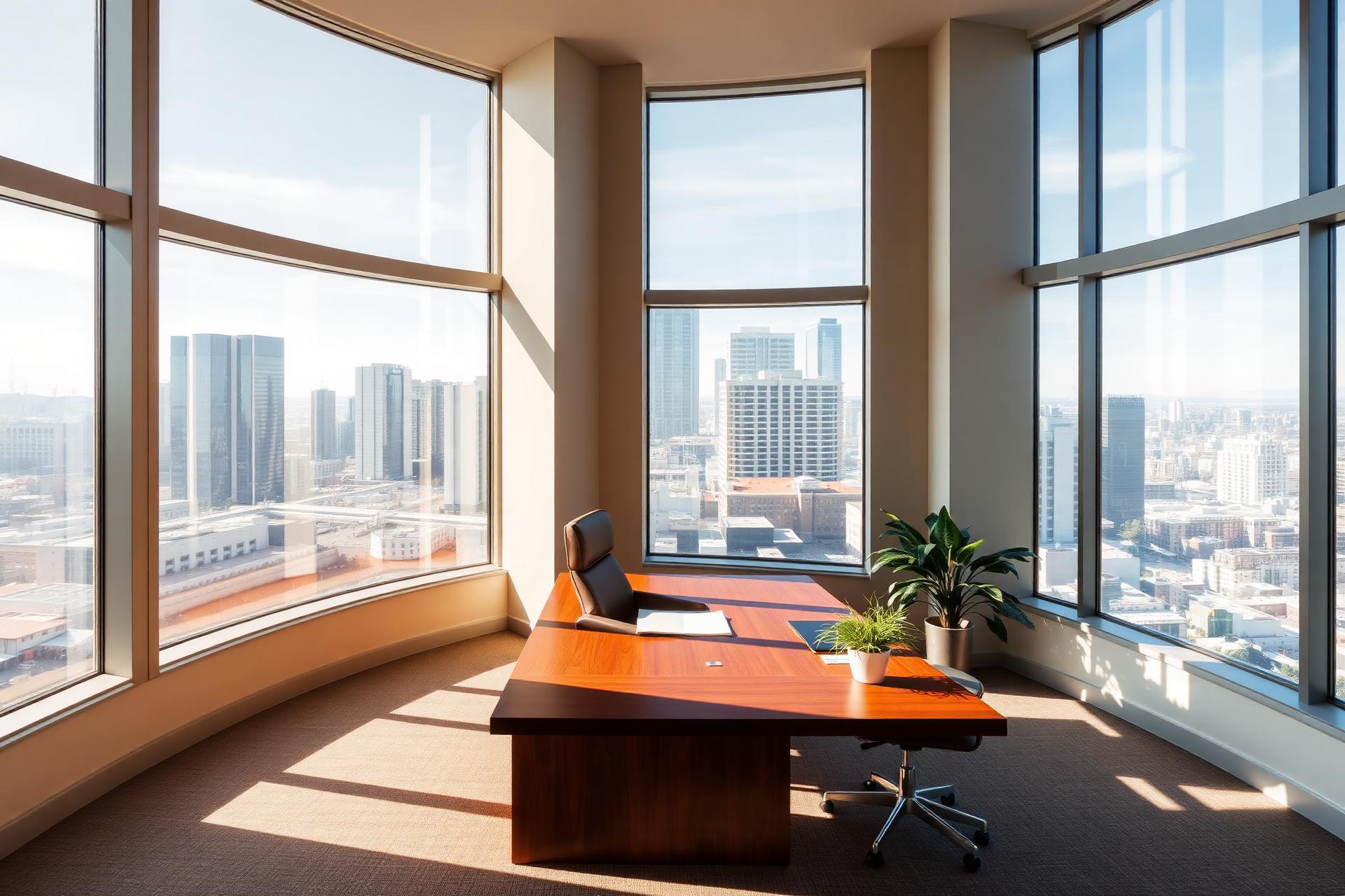Corner private office with floor-to-ceiling windows overlooking a Pacific Northwest cityscape